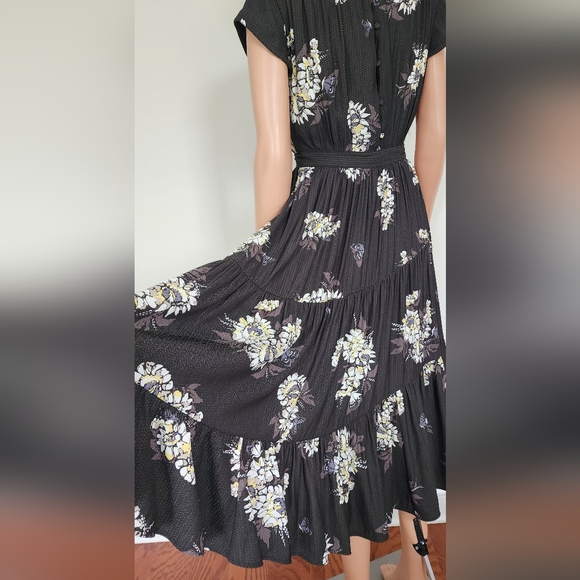 FREE PEOPLE RUFFLE FRILL BELTED FLORAL CAP SLEEVES BUTTONS MIDI DRESS SZ.4 - Picture 11 of 15